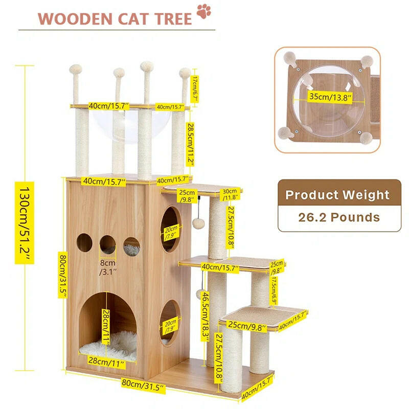 Tavion 51.2" Wooden Modern Large Cat Tree Tower with 2-Floor Condo, Capsule Nest and Dangling Balls for Large Cats