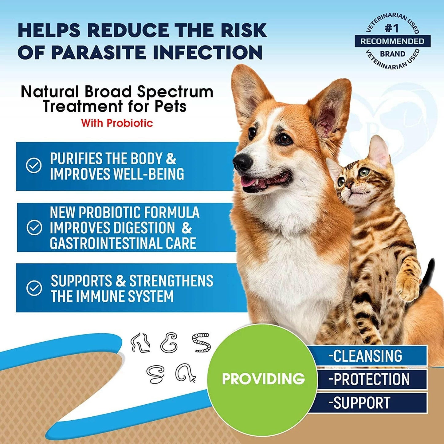 Dewormer for Dogs & Cats - Made in USA - Effective against Tapeworms Hookworms Roundworms Whipworms - Natural Worm Treatment for Kitten & Puppy